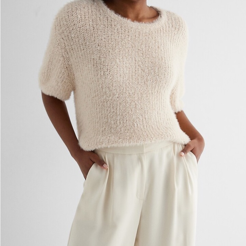 Express Cream Short Sleeve Fuzzy Knit Sweater